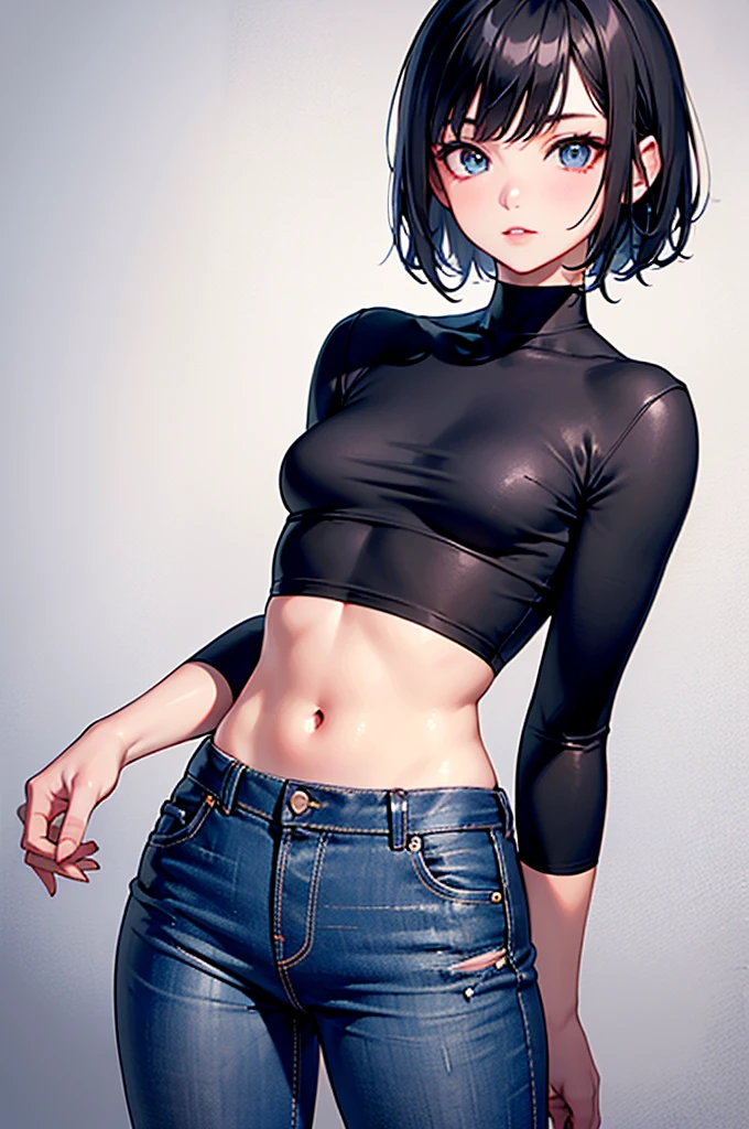 boy, blush cheeks, effeminate, blue colored eyes, short black hair. His skin is clear, he has a thin, muscleless body, thick-thighs. Wearing a black skirt and a short black crop top. In a room.