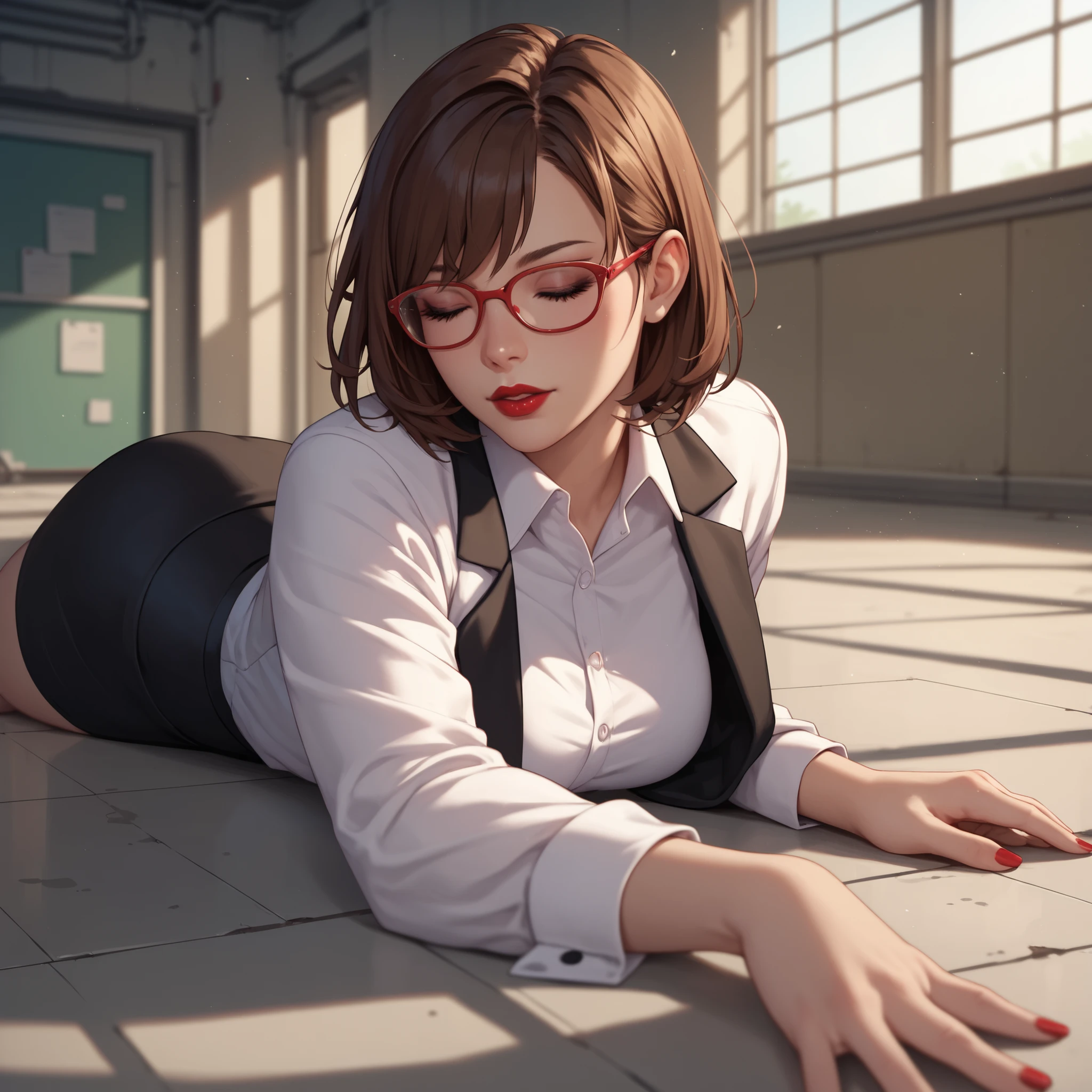 sexy woman, bob hair , brown hair, Red glasses, closed eyes, black eyes, red lipstick, , curvy, white uniform shirt, black skirt, black tuxedo , black formal shoes , walking in an abandoned lab, Fainted , lying on the floor, open