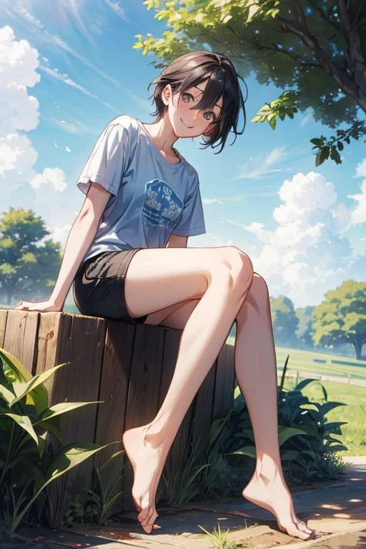 tomboy, young teen, barefoot, countryside, dirt road, shaved black hair,