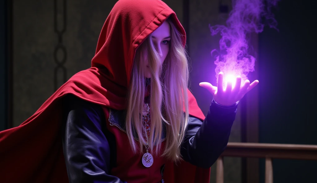 high detail, clarity, 8 kkk, young girl, 15 years old, light hair, wavy hair, yellow eyes, blazing, red cloak, hood, Realism, fantasy,