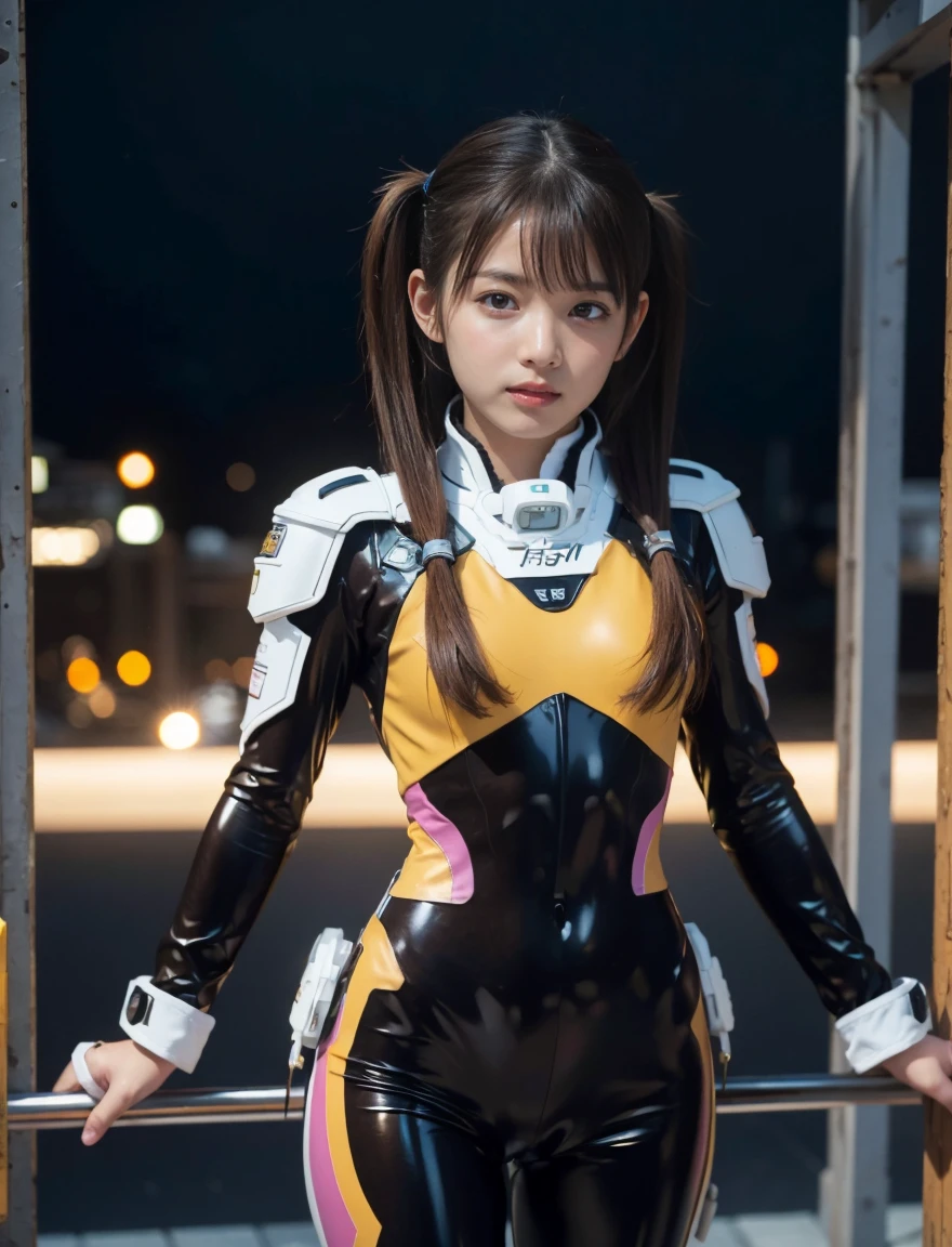 standing,twin tails,bodysuit,pussy,brown hair,Let your hair grow,brown eyes,Heroine Brainwashing,high resolution,high quality,4K,realistic,physically-based rendering,extremely detailed description,professional with dim light,bright colors,Bokeh, Scenery, portraits,fantasy,SF,still life,abstract