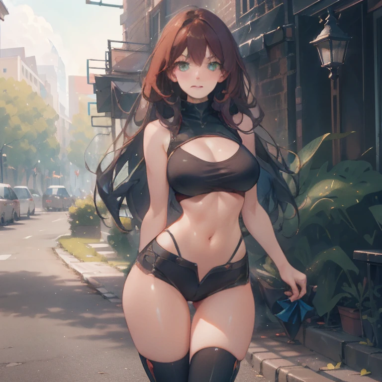 masterpiece, best quality, highres, nn1, 1girl,nakano miku, brown hair, hair between eyes, lingerie, arms behind back, (thong: 1.2), red bra, outdoor, streets, big, embarrassed, blush, empty eyes,tights
