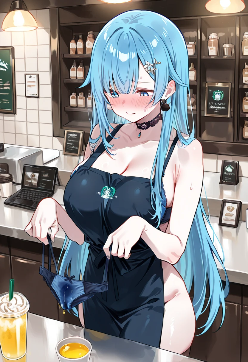 Cocktail dress, body fit see through,curvy athletic body, aqua, light blue long hair, blue eyes, looking at viewer, shy, smiling