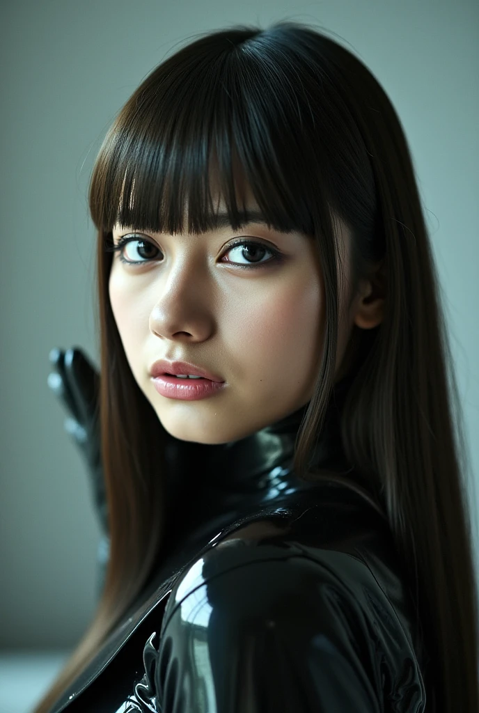 masterpiece, Highest quality, Unreal Engine, Super Resolution, Very detailed, Complex, colorful, Clear images, Sharp focus, Digital Blending,
One beautiful woman, A single actress, ashidamana, Perfect Eyes, Perfect Face, Ultra detailed hair, Ultra detailed face, Very detailed lips,Vivid expression, Healthy Body, Beautiful and cute details of real Asian mixed sweat glands, Smooth skin texture, Carefully drawn,
(humidity:1.2), Beautiful Eyes, (Attractive face:1.2), (Beautiful Skin), (Big Breasts), (Super shiny flashy rubber suit), Puffy nipples, Tight waist, Sticky with sweat, (Oily skin), (greasy suit), In a dynamic pose,
Studio Photo, indoor, In the torture room of an SM club, In the dim light of indirect lighting, Cowboy Shot,