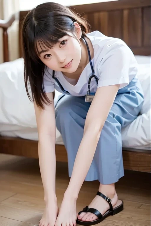 ((top quality, 8K, muste piece: 1.3、Equal)), beauty, one japanese girl, nurse, whole body, perfect anatomy, Are standing, black hair, Blunt Bangs, Lower ponytail, 25years old, Full body focus, detailed face, highly detailed lips, fine eyes, sweaty skin: 1.2, ((nurse uniform, white dress,Full body image、front1.2、Viewpoint 1.2、Squat down and place your feet shoulder-width apart))、(White panties、White pantyhose 1.5、White nurse sandals)、((Photographed from below the front))、Anatomically thorough body、smile、(Beautiful breasts、Pointed Breasts、There are)、((The hem is long and reaches below the knee1.5))、 body that perfectly adheres to anatomy、Five-fingered hand)