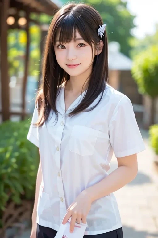 32k、highest quality、masterpiece、超A high resolution、photograph、The elegance of beautiful Japanese women、Single-lens reflex camera、There are some good ones too、A transparent atmosphere、sexy lip、slanted bangs、beautiful face、long hair、make bangs、smile、natural soft light、18 year old wearing a nurse uniform、country road、Push the bike
