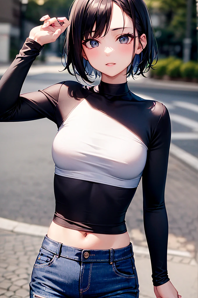 One woman,Big Breasts,Blue short sleeve T-shirt,Black hair with red mesh,short hair,cargo pants