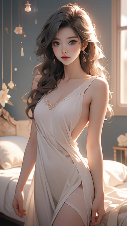 1 woman, (Masterpiece: 1.3),Beautiful and mature Japanese women, inch details, beautiful hands, Exaggerated, 1 woman, (Sagging breasts, Fascinating body: 1.2) brown hair: 1.1, Highly detailed face, detailed lips, Detailed eyes, Double eyelids, Sexy low neck nightdress, open neck, Sagging breasts, Standing position, visible curve,Full body 1:1