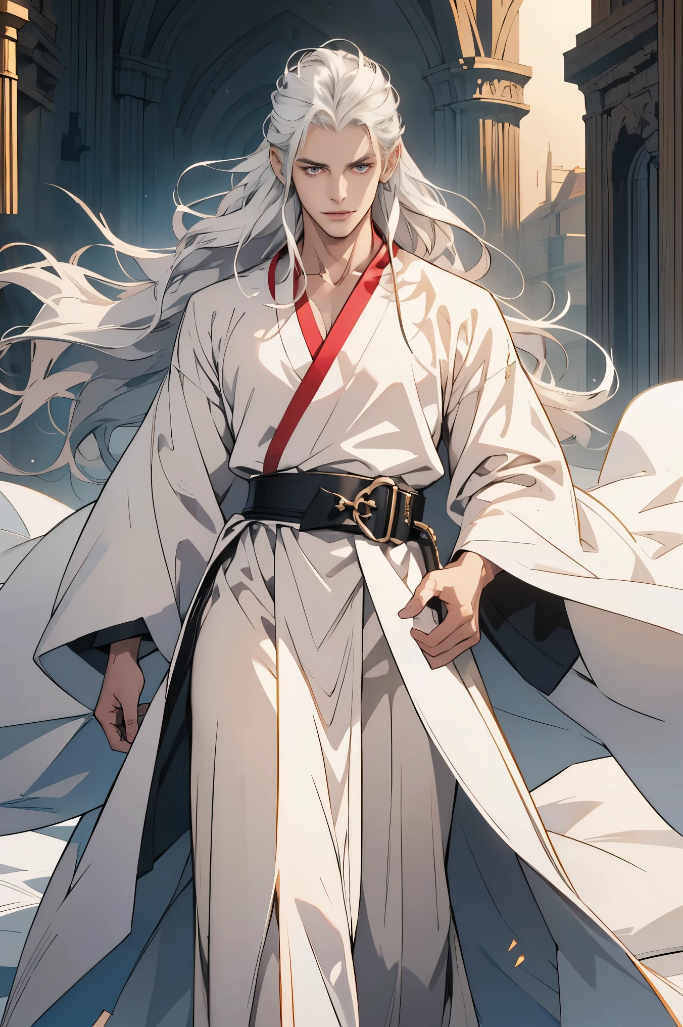 And he is tall and slender, measuring approximately 1.90 meters (6'3"). Your body is in perfect physical condition, but it is not bulky like that of a traditional warrior. Instead of brute force, His body seems to have been carved for agility and absolute control.. His skin is a pale tone, almost as if illuminated by an internal light, with a faint glow that gives the feeling that something beyond the human resides within it, Y's face is severe and enigmatic, with chiseled features that suggest a life of discipline and self-control. Her eyes are the most striking: They have a bright golden hue, almost like the eyes of a dragon, and when he is concentrated or in combat, These eyes seem to glow with a supernatural light. His pupils narrow subtly in moments of intense meditation or power., resembling those of a reptilian creature. His face is free of visible signs of age., but there is a gravity in his expression, as if he had seen and understood more than an ordinary man could, Her hair is long, silver and straight, falling in a waterfall up to the middle of his back. It moves almost as if it had a life of its own., gently floating around his head as he channels his spiritual power. She often wears it in a low ponytail when she works out or meditates., but lets it loose when he prepares for combat, which adds a more ethereal and majestic air to its presence., And she wears long, flowing clothes that allow her to move with grace and agility.. She wears a white kimono with gold and red embroidery in patterns reminiscent of coiled dragons.. His belt is golden in color and is woven with silk thread., a symbol of his position as master of the Rising Dragon. He often wears a long, light coat., also decorated with dragon and cloud motifs, representing its ability to transcend the earthly,And he bears marks on his skin that are reminiscent of his connection to the dragon.. age 40 years