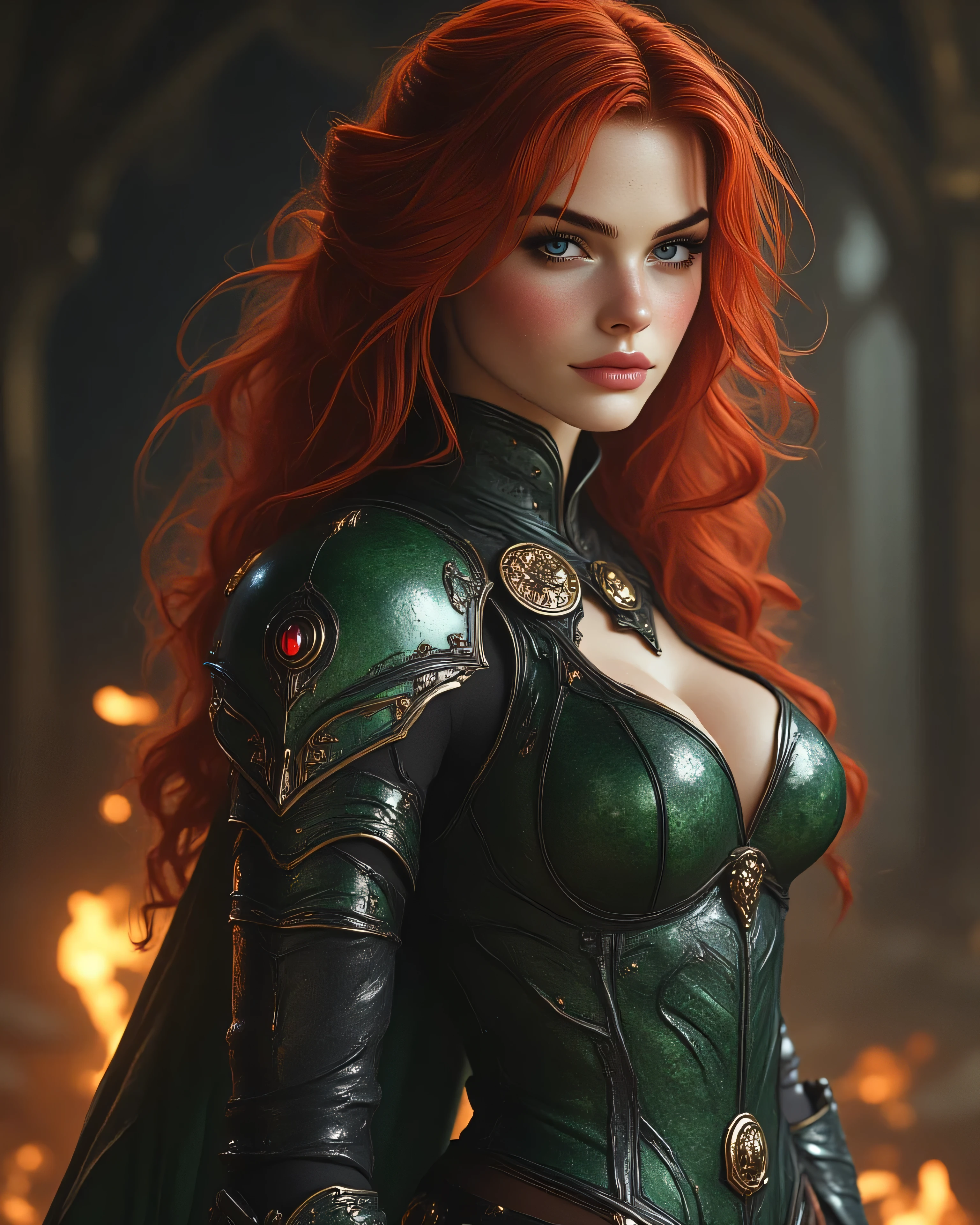 Venus is impossible to ignore. Her fiery blood red hair falls in loose waves over her shoulders, reflecting the light as if burning from within. She has fair skin, punctuated by a few golden freckles on her shoulders and face, as if the sun had blessed her. Her gray eyes are intense and wild, capable of paralyzing a beast with a single glance. She has a strong yet feminine physique, slender and supple, like a huntress constantly on the move.

Her lips are always slightly curved in a smile somewhere between playful and dangerous. When she walks, her gait is agile, almost feline. There is something primal about her, something reminiscent of the enchanted forests of ancient tales… or a raging wildfire. She wears reinforced leather armor dyed in dark green, almost dried blood, with black steel accents. Her gloves are made of fiend hide, resistant to magic. The jacket bears the emblem of Kaer Morhen discreetly embroidered on the shoulder. At her belt are two swords: one of steel adorned with rubies and one of gleaming silver with elven runes. She also carries flasks of potions, alchemical bombs, and a wolf-shaped warlock medallion that vibrates when it senses magic. She carries a curved silver sword with obsidian details, along with an enchanted wooden staff, a memento from an elven creature he aided. 

Her room isn't tidy: it's a beautiful chaos of potion bottles, mandrakes drying from the ceiling, and half-open books. In one corner, a dryad-woven rug marks the sleeping space of her wolf, Mika. There's a low fireplace that never goes out, and enchanted embers float in the air like fireflies.

Alta resolución, Obra maestra, Preciso, Anatómicamente correcto, Premiado muchas veces, La mejor calidad, Detalles altos, Muy detallado, Piel texturizada, 