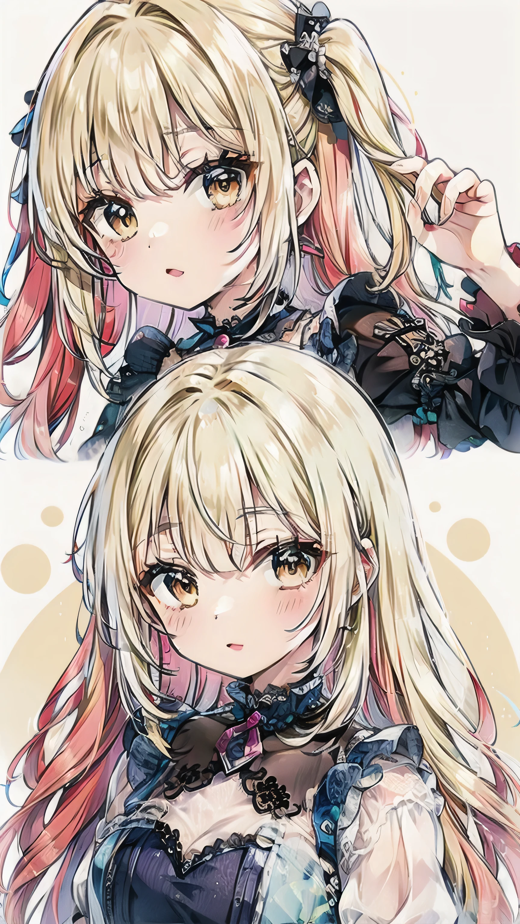 Dots are、明るいピンクの頬、she has chin-length, curly, golden blonde hair with wavy bangs.、she'dark-skinned girl, she is wearing a bright red headband with a ribbon on the right side of her head.. Dots are、she wears a shiny pastel blue and scarlet red dress with a small ribbon belt around her waist。, white collar, 4 crimson buttons, Bright red lining. sheのドレスの下には赤と淡いブルーのチュールスカートがある.. she also、Red top with white socks、she is wearing carnation pink high-top sneakers with bright red shoelaces, Shine; glitter, NSFW,