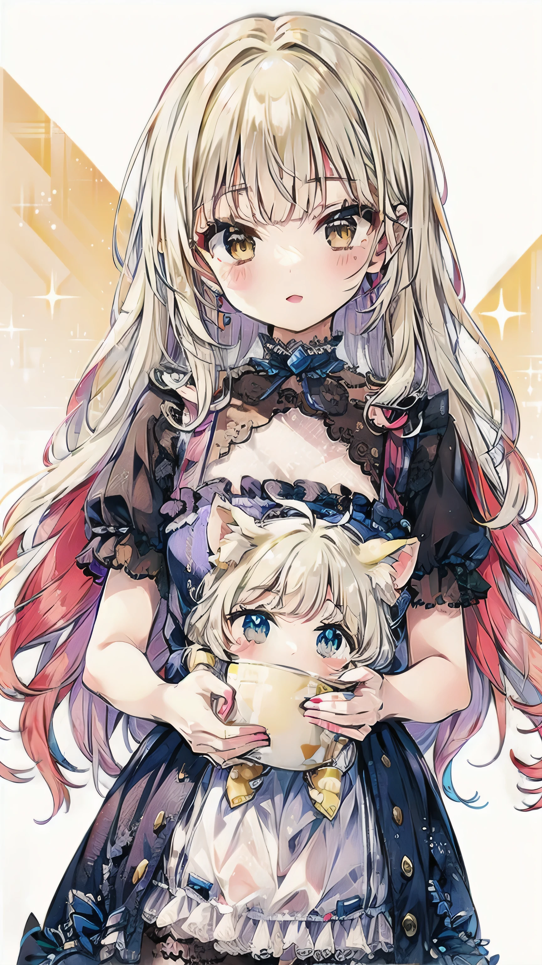 Dots are、明るいピンクの頬、she has chin-length, curly, golden blonde hair with wavy bangs.、she'dark-skinned girl, she is wearing a bright red headband with a ribbon on the right side of her head.. Dots are、she wears a shiny pastel blue and scarlet red dress with a small ribbon belt around her waist。, white collar, 4 crimson buttons, Bright red lining. sheのドレスの下には赤と淡いブルーのチュールスカートがある.. she also、Red top with white socks、she is wearing carnation pink high-top sneakers with bright red shoelaces, Shine; glitter, ,