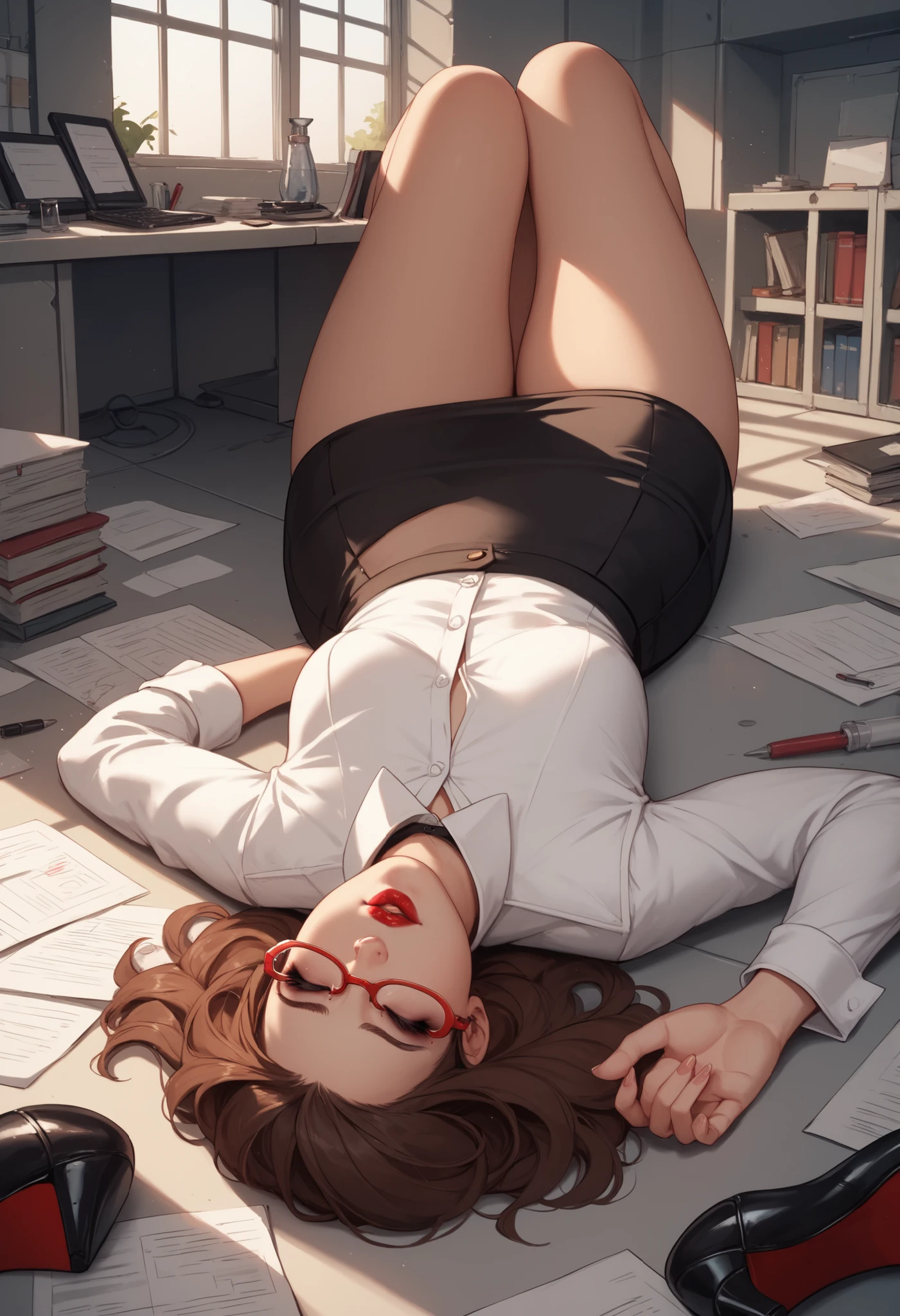 beautiful sexy woman, brown hair, red glasses, office makeup, red lipstick, small breasts, curvy, white uniform shirt, black skirt, black office shoes, in an abandoned laboratory, fainted, lying on the floor, eyes closed, mouth open