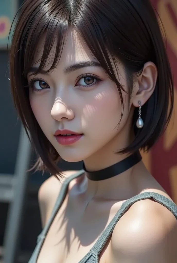 masterpiece, Highest quality, Super detailed, masterpiece、Browsing Caution, super high quality、Crystal Clear、RAW UHD Format、Droopy eyes、High resolutionの光る目、Highest quality, close, Realistic skin texture, photograph shoot, Detailed facial features, Film Grain and High Contrast, 非常にHigh resolutionの詳細, photograph, Realistic, Surreal, High resolution, masterpiece、17歳のウクライナ人美少女photograph、Boyish and healthy girl、choker、short hair、Cowboy Shot、Nipples are visible