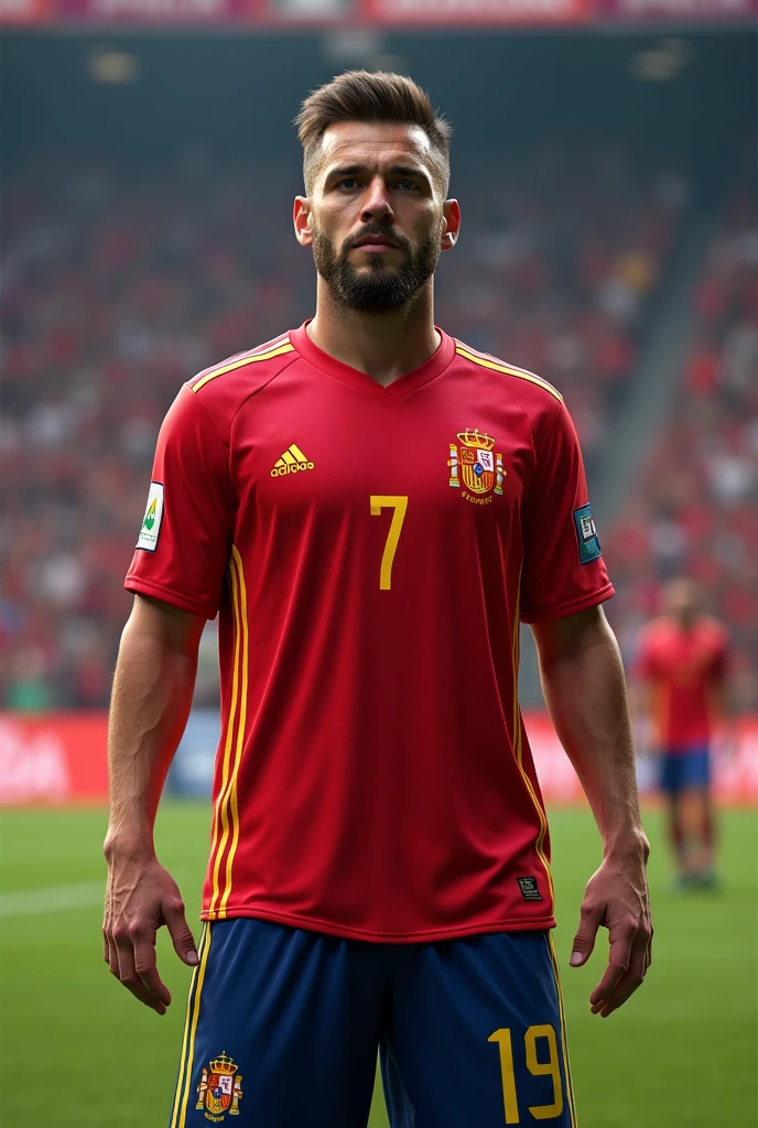 Handsome male football player, 27 years, Spanish appearance, dressed in a red football uniform, posing with a soccer ball in his hand, smiling, Beautiful, waist-length photo, football photography, studio lighting, excellent quality