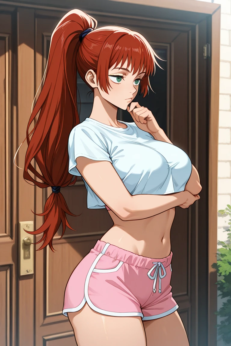 showing underwear, white t-shirt, black short pants, bikini store background, mei terumi, 25 yo, mature women, solo, takeda hiromitsu style, anime cels style, best quality, high resolution, (large breasts:1.3), cowboy shot, blush, smiling, slim body, long hair, brown hair, green eyes, ((hair over one eye)), pink lipstick