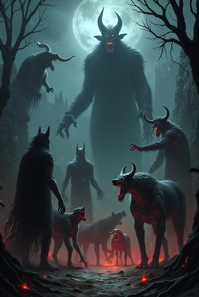Create an imposing and fearsome three-headed Cerberus connected to one body standing guard at the gates of the Underworld. Each head snarls fiercely with glowing red eyes, jagged teeth, and thick black fur, blending into a menacing shadow. The middle head should be larger and more dominant, with a spiked collar. The scene around it is dark and ominous, with swirling mist and jagged rocks, while faint eerie blue flames flicker around the gates. The atmosphere is intense, foreboding, and otherworldly." Add more details and effects like [[blazing fire in background and some demons]]