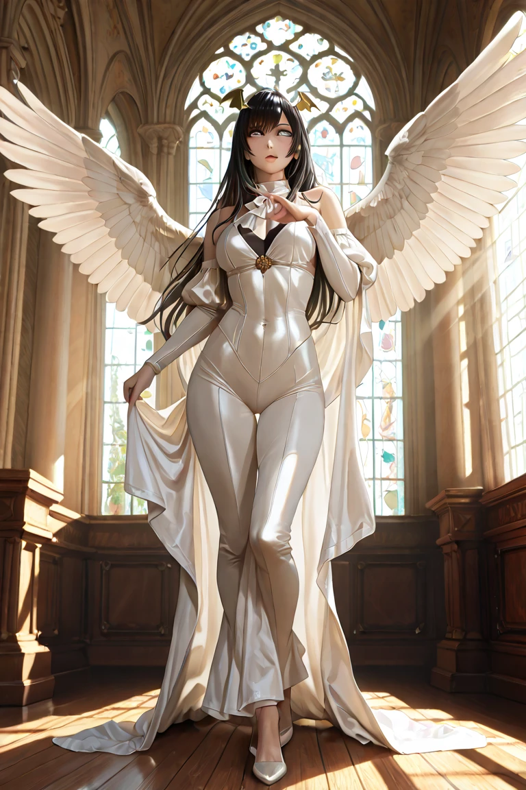 blond hairbl,Eye details,Refined face,Four pairs of white wings,White sexy jumpsuit,Black leather belt,White heels,Pink ribbon,Two black belts,White gloves,paradise background,Church background,Crop topping,Large bust,Tall men with symmetrical wings