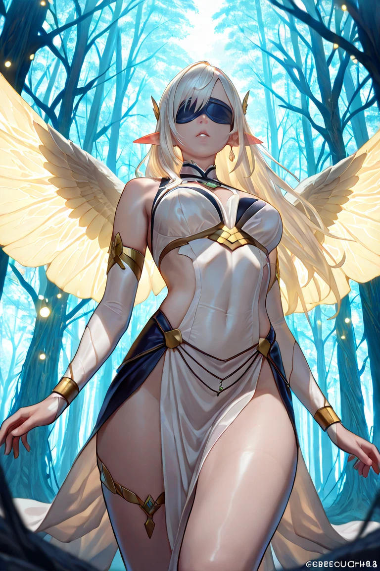 stone statue of Signora. blonde with blue eyes, mask, good tits. White dress and angel wings on her back.