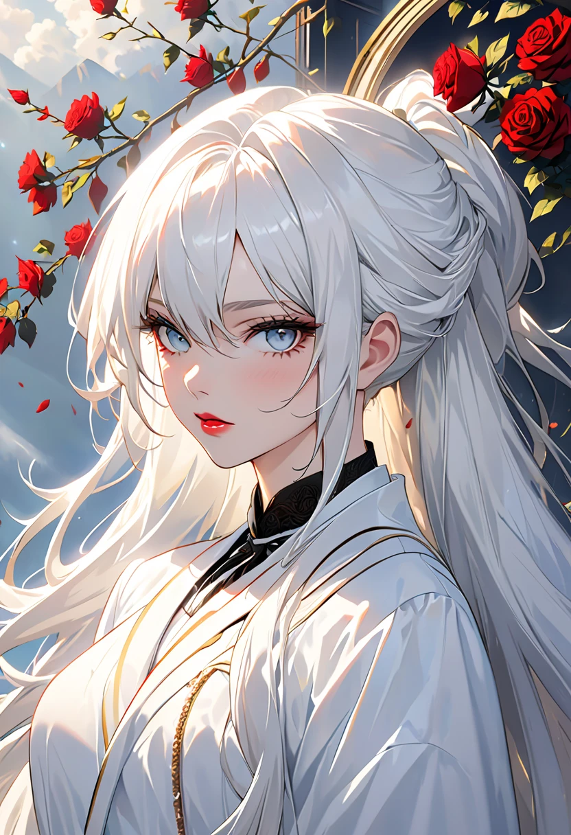 Long white hair , grey eyes, fair skin,ying yang robes,detailed hair, detailed eyes,detailed body, best quality, high resolution, 8k