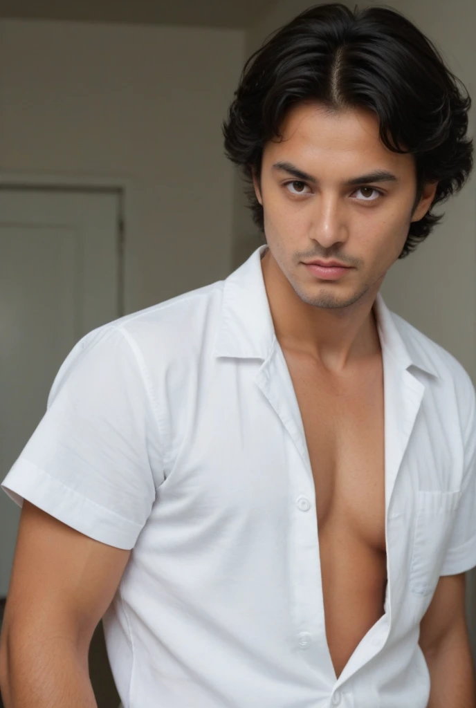 adult male, 35 years old, dark brown eyes, with glasses, thin, no muscles,White shirt, Chako Lulu stares in front of the camera, smile、Massiroi realistic photo