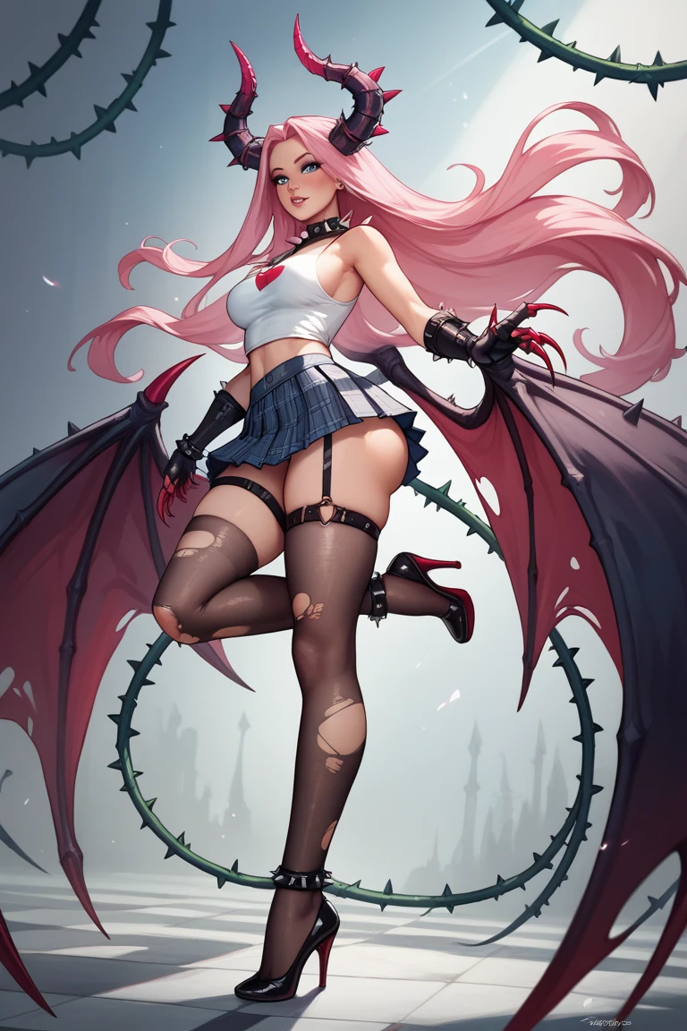 giant girl 50,00000 feet high, Possessing a pair of huge demon wings,And has a huge and slender fox tail,Have waist-length hair,hair scattered,Wear a pair of red high heels,pink scrunchie,A look of enjoyment,Standing upright in a small city,side angle