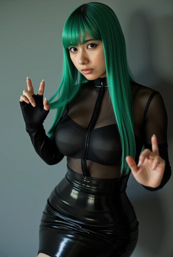 ember、Messy black hair and green mesh bob hair、Anime style