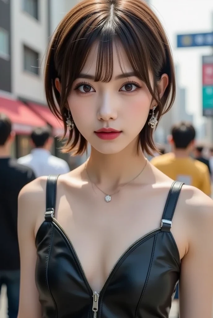 smile, Photo realistic, High resolution, detailed background, detailed beautiful skin, detailed nose, soft lighting, (solo shot:1.23), (upper body:1.1), closed shot, (breast focused:1.3), looking at viewer, (((nice hand, perfect hand))), clear eyes,// japanese lady, pale skin, cleavage, mega breasts, 20 year old, // (((wearing gucci setup))), short hair, street snap, ((facing viewer)), at the street tokyo, ((standing)),