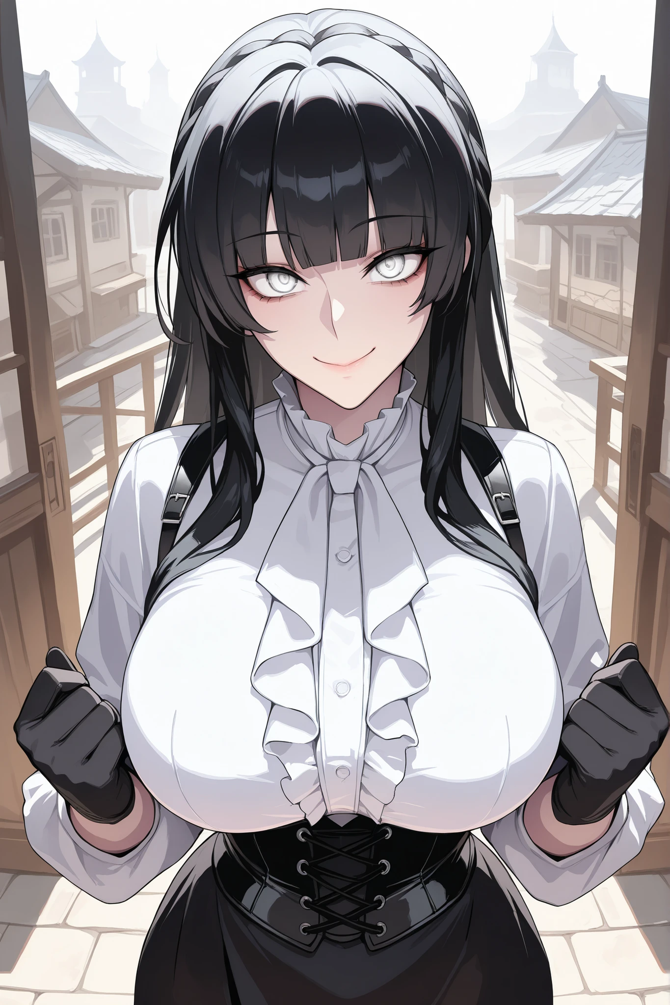 absurdres, (((Ultra HD))), (((Ultra High Quality))), ((hyper detailed)), ((Ultra High Resolution)), (Highly rendered), ((detailed eyes)), (((8K))), ((perfect face)), ((masterpiece)), cinematic, darkened, solo, 1girl, short, short height, black hair, long hair, blunt bangs, smile, silver eyes, large breasts, white blouse, long sleeves, black gloves, black corset, skirt, frills, town background