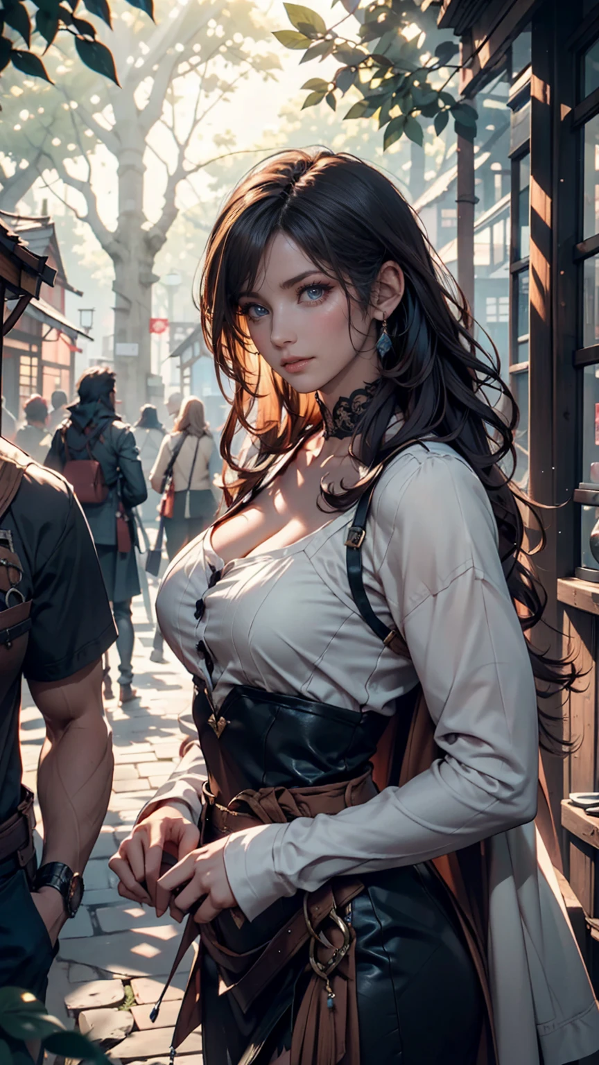 An attractive woman, steampunk, cleavage, DD-size breasts, skimpy outfit, slim figure, by WLOP and ArtStation, MidJourney, 8k ultra details, sharp focus, smile, huge neckline, white belt, (best quality: 1.5), perfect lighting, very detailed, uhd, hdr, urban background, anime eyes, ultra-realistic anime style, Mysterious