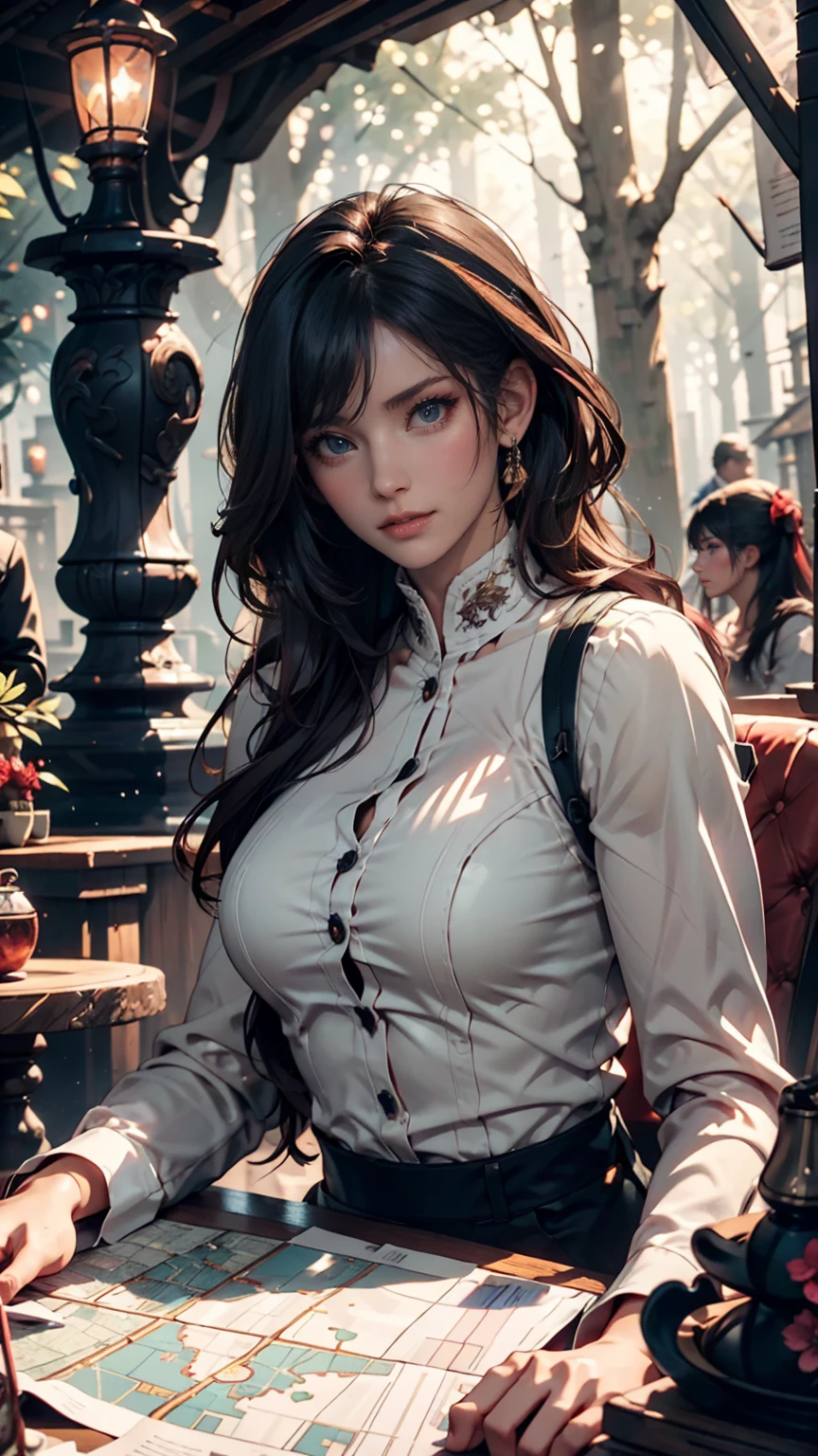 (Highest quality, masterpiece),One girl, Portrait of a beautiful donkey pex, Athletic ability, White jacket, corset, pants, Black Hair, Redhead, Sexy and very beautiful gorgeous face、The most beautiful face in the world、(Very delicate and beautiful face), (Beautiful eyes in every detail), Braid,  choker, Cleavage,  Volumetric lighting, Highest quality, masterpiece, Intricate details, Tone Mapping, Sharp focus, Super detailed, Trending on Art Station, Realistic 