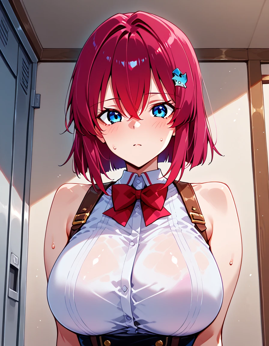 ((Highest quality)), ((masterpiece)), (detailed), woman,Age 20,(Open the front of your shirt),(mini skirt),Santa Claus,Big Breasts,blush,Underbust,(Her cleavage is visible),(Excited expression),(Seduce),night,indoor,Dim lighting,(In a dimly lit room),(In a messy room),Browsing Caution,sexy,Sweat,(Black knee-high socks),(Lift your chest with both hands),(Sticking out tongue),(lean forward to emphasize the chest)