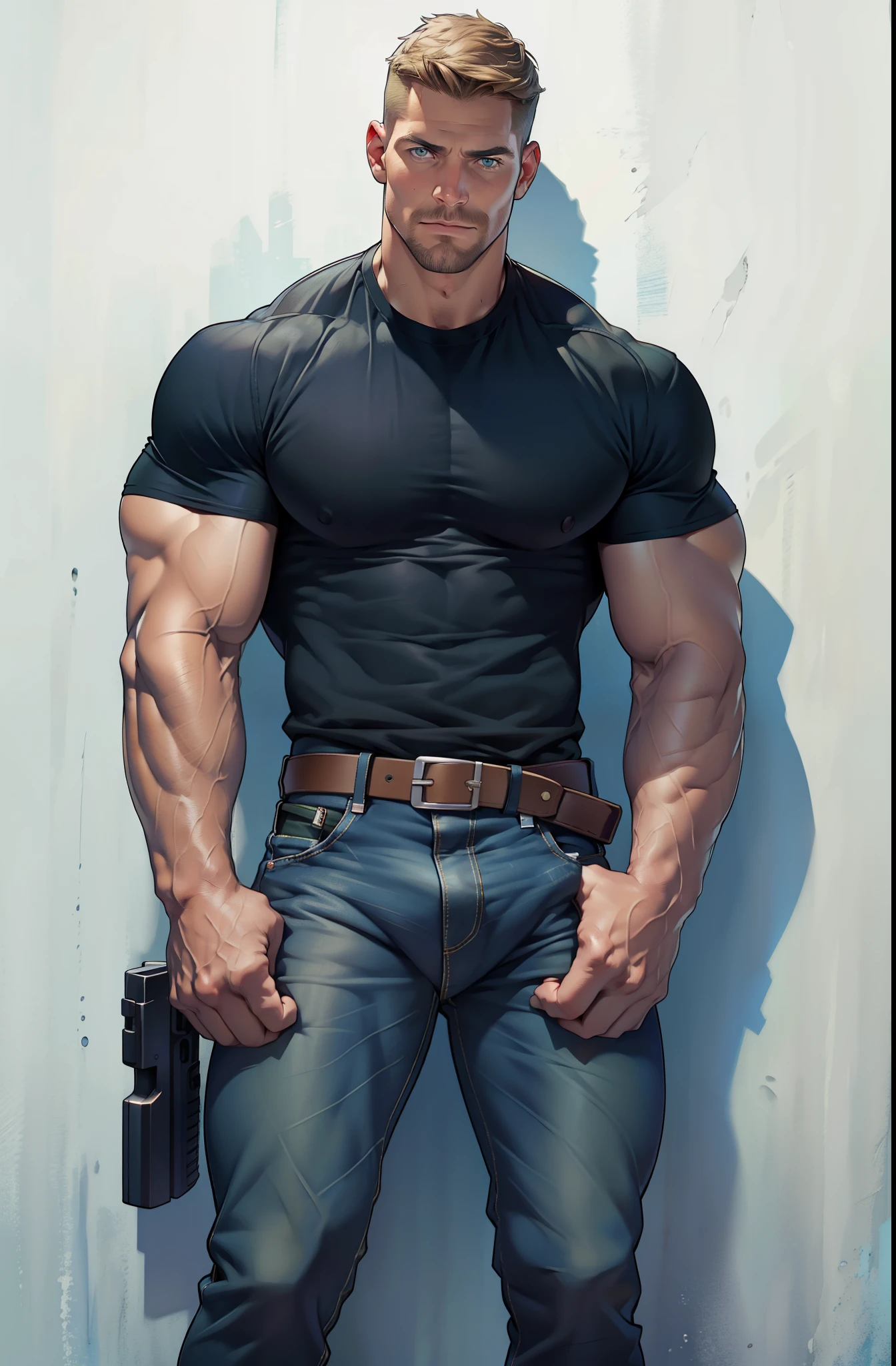 (NSFW: 1.5), Chris Redfield ,(man kneeling: 1.2) , (Seriously injured), (Close your eyes.), Open mouth, show teeth, (Wearing a navy blue round neck T-shirt with a police logo.: 1.3), (Navy blue jeans), Korean guy , korean men, (High gloss details), chest muscles, Big arm muscles, blood vessel, big muscles, Broad shoulders, looking at the audience, Balancing the eyes, (Make eye contact),(Torn shirt: 1.5), (wound: 1.3) , (blood splatters) ,( abrasions on face: 1.5), (Blood stains on the face and body: 1.5) ,(Torn shirt: 1.5) , (Look up: 1.1) , (genital very long big : 1.5), (Big testicles), (Erection of the penis: 1.5), middle of the road,(Fire blazes behind:1.3)  ,(Many leech worms:1.8)