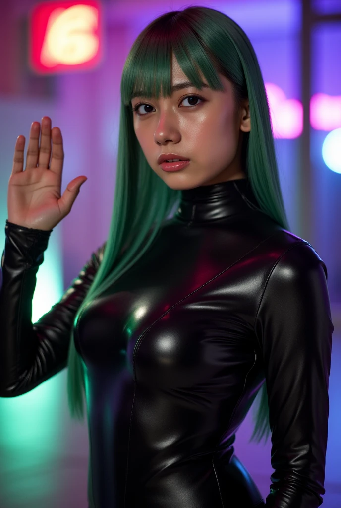 Sexy girl with, furry, marble dress, black hair, red hair, green hair, long hair, poisonous blue eyes, Dutch angle, low angle, free pose
