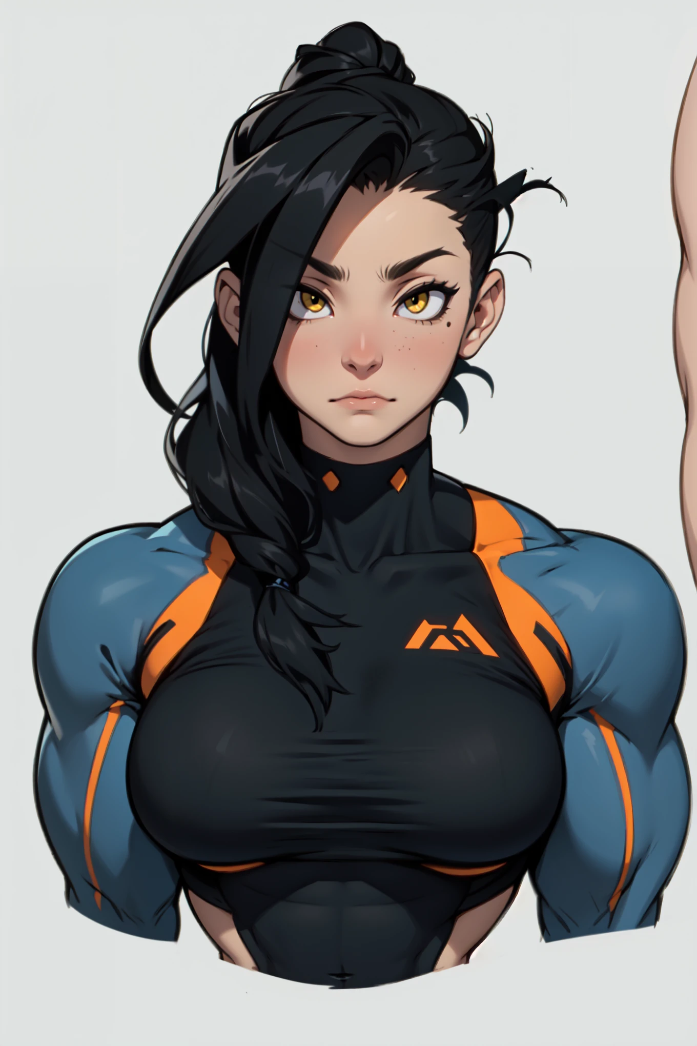 swole girl black hair yellow eyes pale skin disappointed anatomically correct breasts highest quality