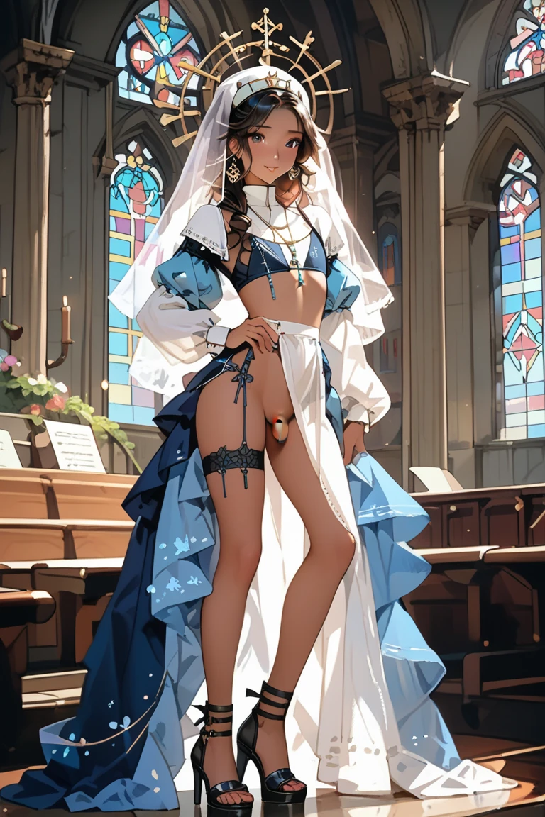 Topless,Vulgar,low angle,from below,((1girl, showing beautiful and pink nippleasterpiece, highest resolution)), (beautiful illustration),(semi long beautiful black hair),(looking at the viewer),innocent smile,cinematic lighting,(elegant pink skirt,elegant white panties),white over-kneehighs,Lace chalker, wristband, diamond necklace,wristband, white fingerless gloves, earrings,day,beautiful flower park