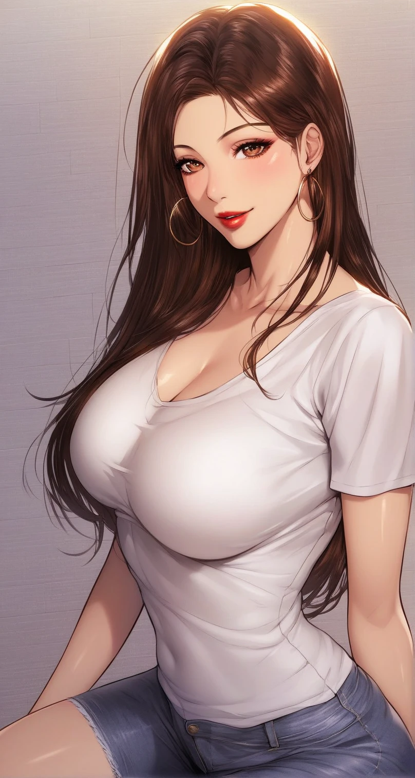 High quality, high definition, clear image, perfect face, perfect eyes, slightly drooping eyes, glamor, white skin, black hair, black eyes, slightly wavy hair, shoulder length hair, young woman, soft impression, kind impression, benevolent expression, eyes Smile, maxi dress, cardigan, big breasts, blush, profile, slightly looking up
