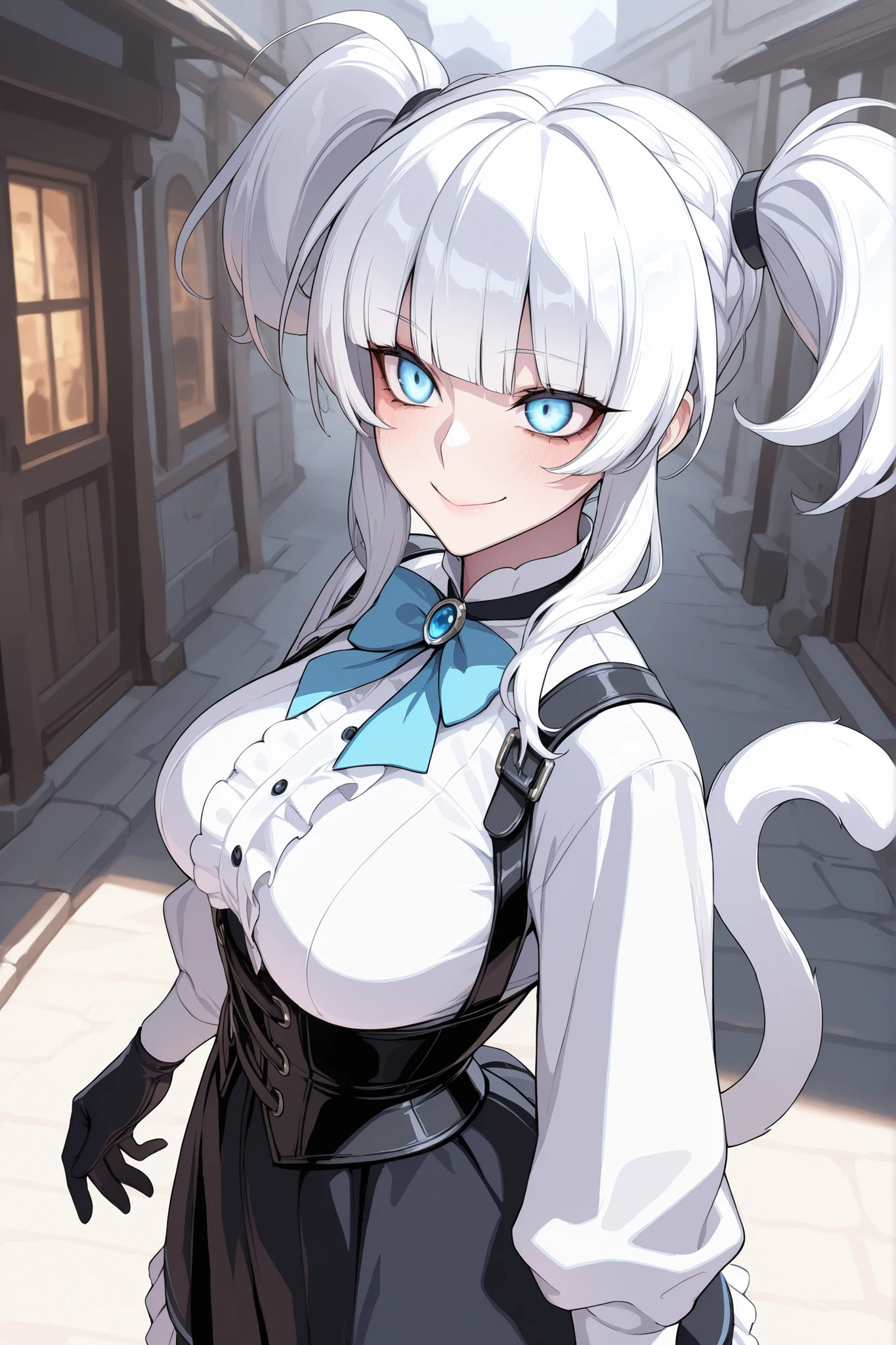 absurdres, (((Ultra HD))), (((Ultra High Quality))), ((hyper detailed)), ((Ultra High Resolution)), (Highly rendered), ((detailed eyes)), (((8K))), ((perfect face)), ((masterpiece)), cinematic, darkened, solo, 1girl, young, thin, short, short height, white hair, twin tail hair, blunt bangs, smile, blue eyes, medium breasts, white blouse, blue bowtie, long sleeves, black gloves, black corset, skirt, frills, town background
