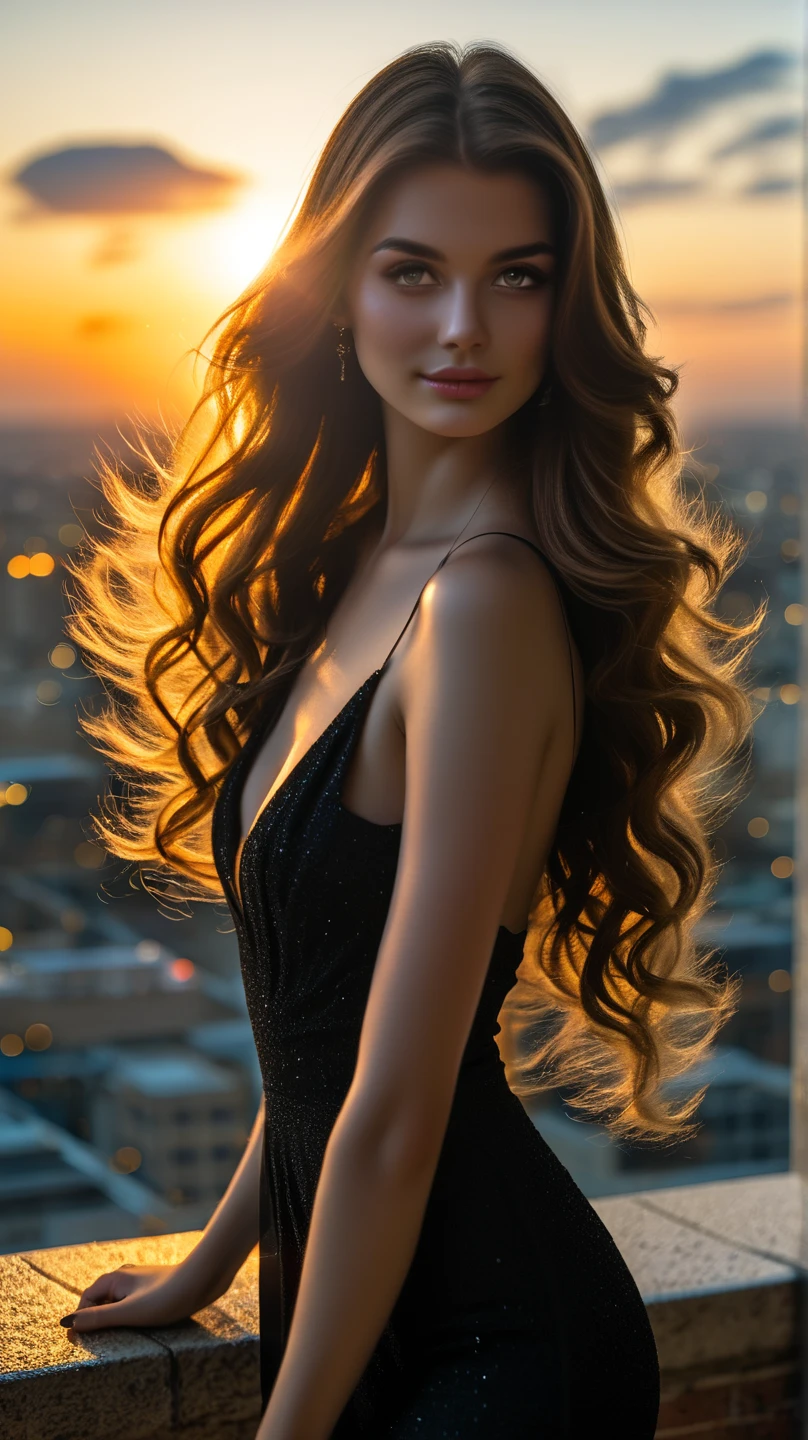 Full face portrait of a 25 year old European girl, RAW, beautiful woman, half open strawberry lips, dimples, eager look, (extra long wavy brown hair), ((detailed face)), ((detailed facial features)), (fine skin), pale skin, (wearing sheer white tulle fluttering in the wind) , cyberpunk big city setting, (cool tones) (masterpiece) (perfect proportions) (realistic photo) (best quality) (detailed) shot on Canon EOS R5, 50mm lens, F/2.8, HDR, (8k) (wallpaper) (cinematic lighting) (dramatic lighting) (sharp focus) (complex), RAW photo, RAW photo, gigachad photo, posed camera, black jeans, back arm, 8k ultra HD, digital SLR camera, high quality, grain film, Fuji XT3