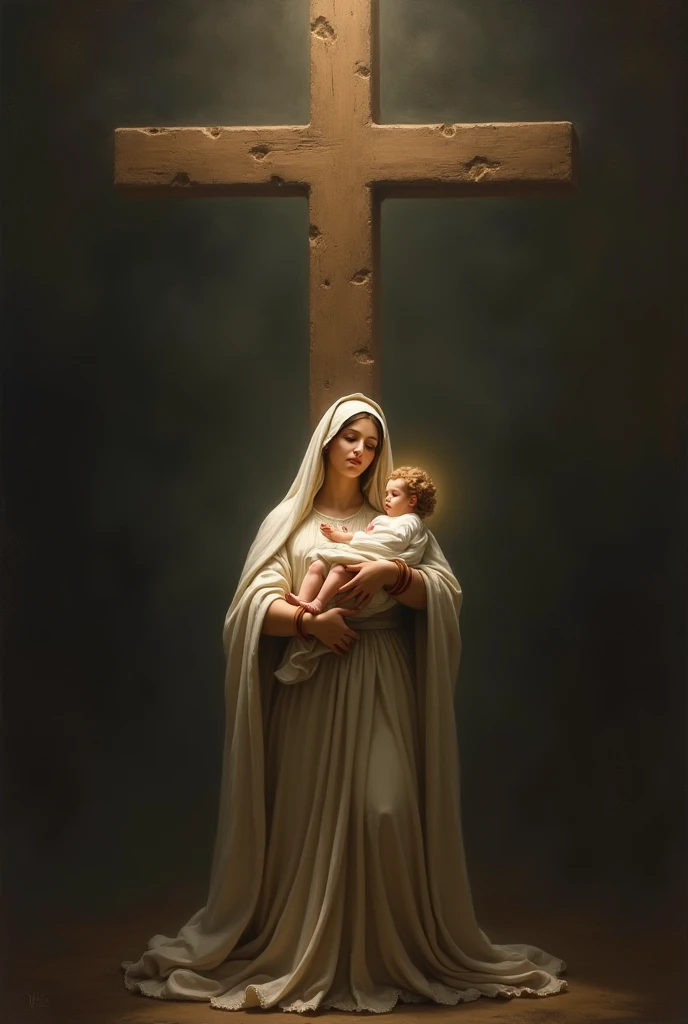 Virgin of Carmen with the child, with a white cape and brown tunic, the Virgin of Carmen, with white tunic the child, realist, The Virgin of Carmen with many golden accessories, beautiful, The Virgin of Carmen with a crown, May the Virgin of Carmen have an angelic and pure face, the virgin of Carmen standing, that the entire body of the Virgin of Carmen be shown, that the Virgin of Carmen be shown from head to toe