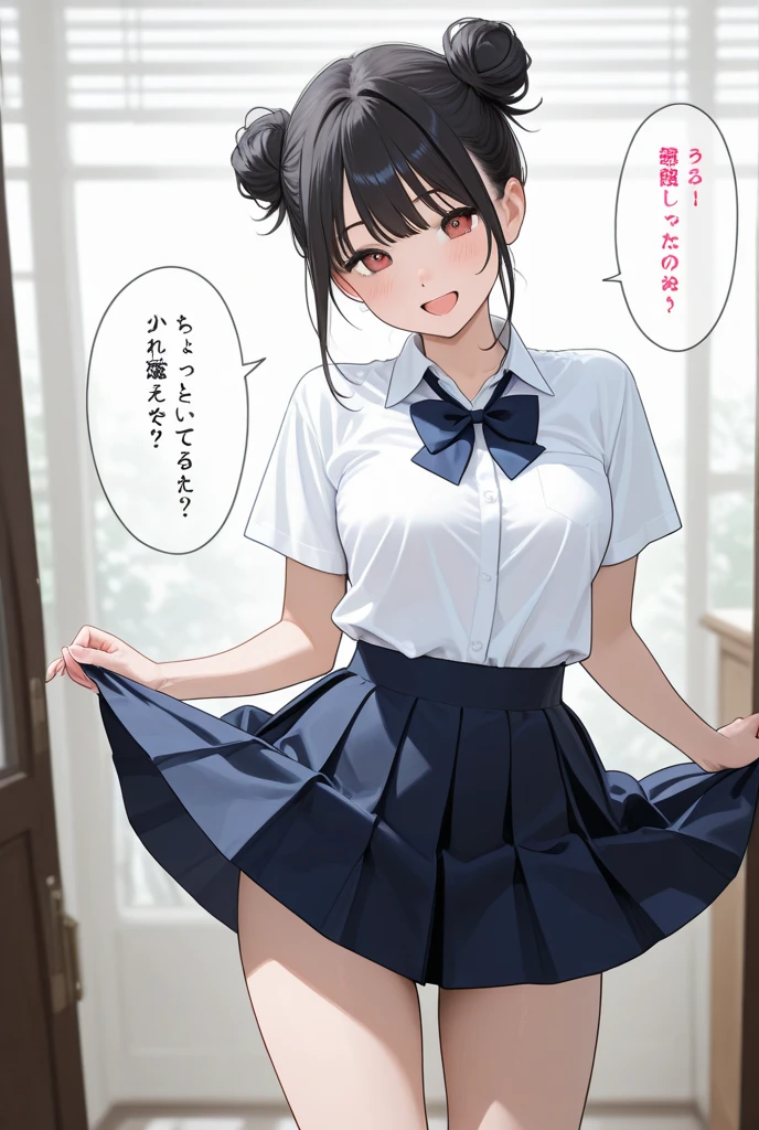 ((top-quality、8K、​masterpiece:1.3))、1 girl、Slender Abs、sofas、hyperdetailed face、A detailed eye、double eyelid、very Bigger breasts、large full breasts、Colossal 、Neat and clean 、short-hair、Straight bob hair、Shorthair with bangs、A smile、 uniform、Panties are visible from the skirt、An 18-year-old woman、Sheer white shirt、Navy blue ribbon at the collar、Dark blue pleated micro mini、sexly、Peek at the viewer、Beautiful graphics、Bright school building with strong sunlight、Show me your whole body、is standing、Plump panties、Detailed female genital shapes、Black pantyhose、(Facing the front)(((Blushing cheeks、embarassed expression)),(((The skirt is rolled up by the wind)))、Showing white panties、depth of fields、Bokeh in the background、Exposing the breasts、Bare your breasts