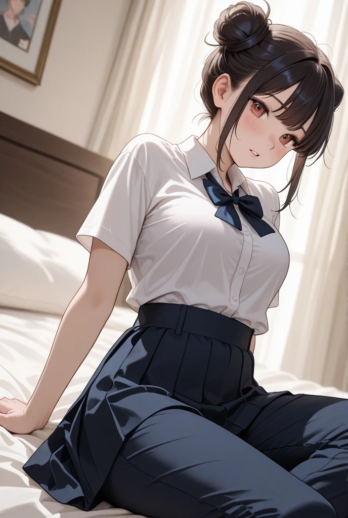 (1 person,solo), Beautiful woman, (Perfect Anatomy), Slender、(OL、White short sleeve shirt、vest、bow tie, detailed side tie panty), (Look down), (Pussy juice:1.1)、(Hugging your own chest:1.1)、20-year-old、(highest quality)、Black Hair, short hair、 Messy Hair、bedroom、On the bed, (Cutting seat:1.2), (8k, High resolution)、(Embarrassing:1.4)、(blush:1.1), medium breast, (steam:1.2), embarrassed, Erect nipples