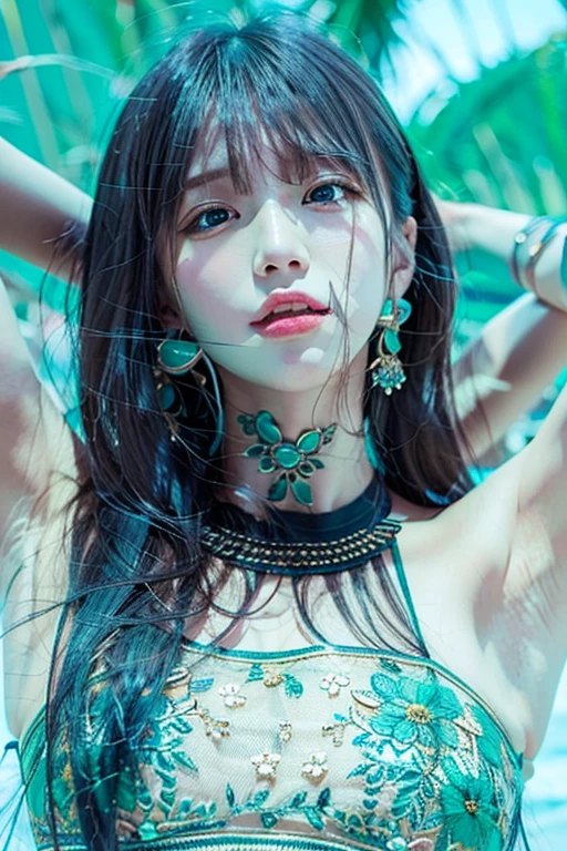 16k high quality wallpapers（Detailed eyes,Long eyelashes,Bright and colorful iris,Expressive eyebrows,Blend eyeshadow perfectly,Eyes sparkle,Reflective eyeballs，Heterochromia），（Light blue long hair girl 1。3 Lots of hair1。3 Delicate hair 1。2）,（Long transparent dress，floral patterns：1.4，），（Gorgeous and delicate glowing little butterfly hair ornament，brilliant colorful，Fine engraving，Shine brightly，The attention to detail，The jewelry is of high quality，Extremely high image quality）White Skin Skin，Seductive smile emoji，Close-up shot