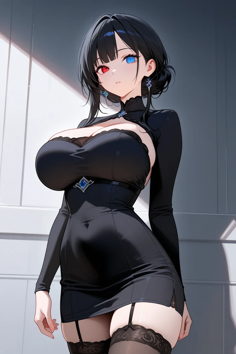 Girl, short black hair, beautiful black eyes, big breasts,🖤⬛️
