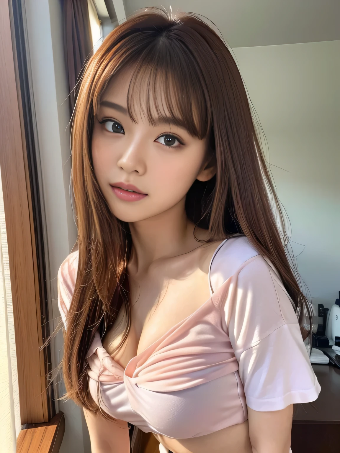masterpiece, best quality, ultra-detailed, unity 8k wallpaper, hyper detailed, realistic, sharp features, highly detailed, professional quality, Photorealistic, hyper realistic, high resolution, korean Model, Beautiful Korean girl, (19yo:1.3), (everyday makeup, neutral tones), sophisticated look, Perfect facial features, Beautiful Face, Glossy lip, (pink blush), symmetrically eyes, Highly detailed face and skin texture, perfect limbs, perfect anatomy, POV, (chestnut brown hair chestnut brown), diagonal bangs,
(shyly smiling:0.9), (Take off white shirt:1.2), (undressing:1.2), (shirt_lift), (changing her shirt), underwear show through, Posing by a window,