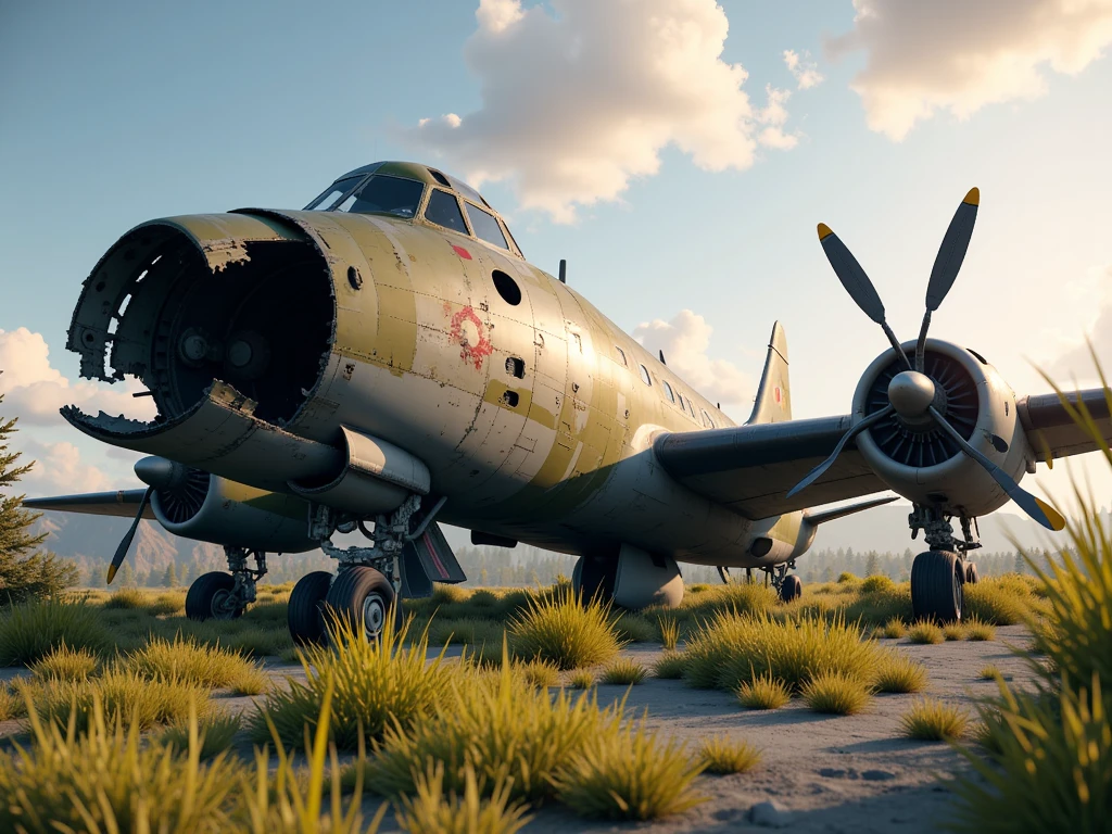 destroyed modern military aeroplane, crashed on ground, grass growing around, beautiful sunny day, detailed, photorealistic, 8K, HDR, studio lighting, physically-based rendering, extreme detail, vibrant colors, cinematic, dramatic, gritty, rugged, war-torn, overgrown, abandoned, detailed military aircraft, weathered metal, cracked paint, moss and weeds, rays of sunlight, lush green foliage, dramatic lighting, moody atmosphere