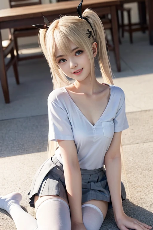 Browsing Caution、8k,highest quality, masterpiece, Very detailed, Ultra-high resolution, Realistic, RAW Photos, , Absolute Resolution, Complete limbs、Complete Anatomy、Perfect beautiful skin、pretty girl1人,Cute girl 、、(smile:1.1)、、(Short sleeve white collar shirt:1.1)、bow tie 、、Micro Mini Skirt、Plump thighs、Accentuate your thighs、(Big Breasts:0.5)、、(blonde:1.2)、、(Gal-style shadow eyeliner:1.2)、(Long False Eyelashes:1.2)、pretty girl、 , Realistic young gravure idol, Japanese Girls、、alone、Midsummer schoolyard、
