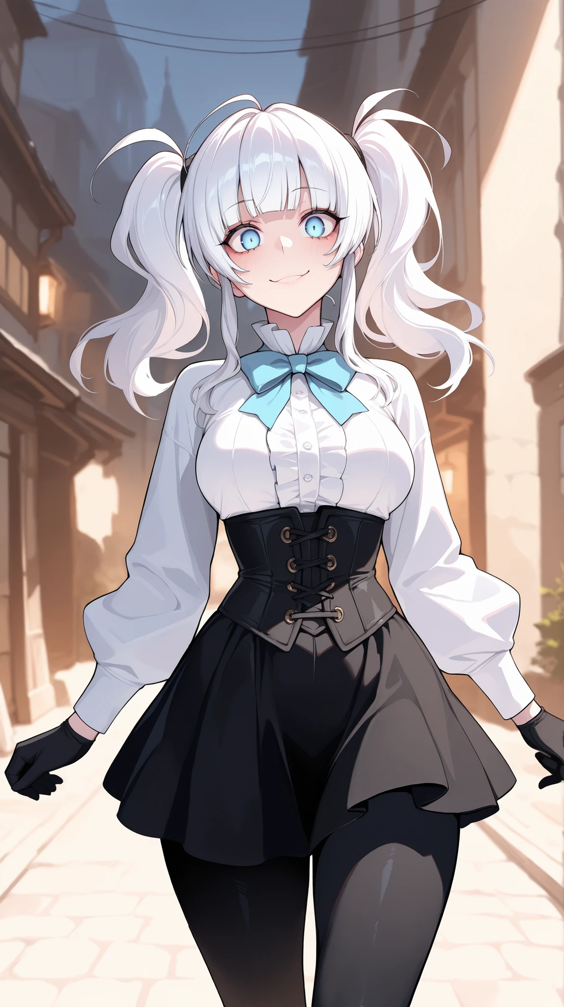 absurdres, (((Ultra HD))), (((Ultra High Quality))), ((hyper detailed)), ((Ultra High Resolution)), (Highly rendered), ((detailed eyes)), (((8K))), ((perfect face)), ((masterpiece)), cinematic, darkened, solo, 1girl, young, thin, short, short height, white hair, twin tail hair, long twin tails, blunt bangs, smile, blue eyes, medium breasts, white blouse, blue bowtie, long sleeves, black gloves, black corset, black skirt, black leggings, frills, town background