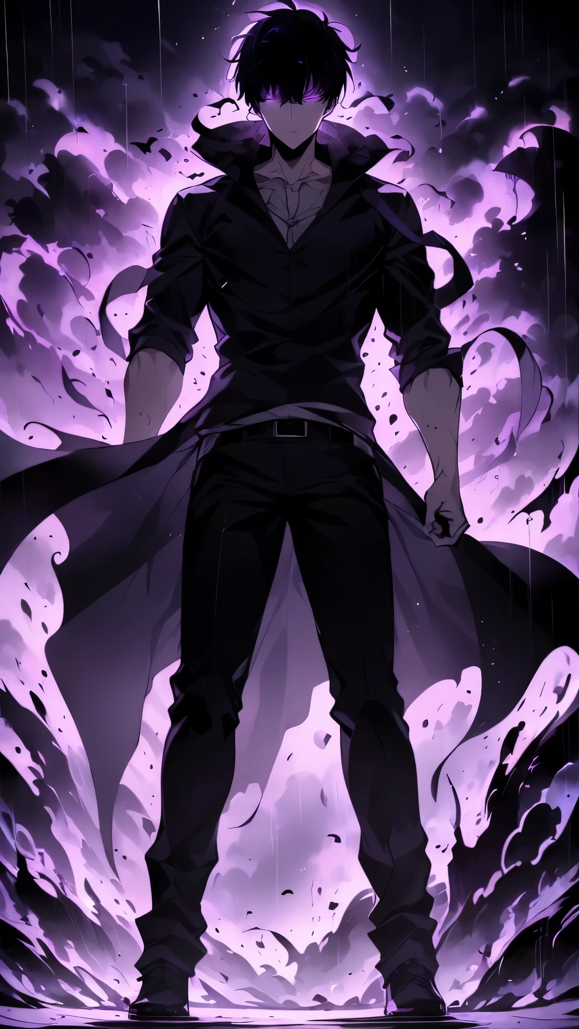 Super-detailed 8K masterpiece full-body portrait of a lone male assassin character inspired by Kaneki Ken in Tokyo Ghoul, laugh confidently, cruel, in the art style of Solo Leveling. short black hair, glowing purple eyes, pale skin , cinema light, Strong depth of field. Black hood, rain drenched, standing alone in dark Tokyo cityscape. Hair partially covering the face, gaze attentively looking at the viewer, somber and dramatic expression. luxurious fabric motifs on clothes, ray tracing reflection, extremely sharp detail, high contrast shadow, serene atmosphere. Solitary focus, aesthetics of the core male protagonists, anime style with a modern touch, Strong.