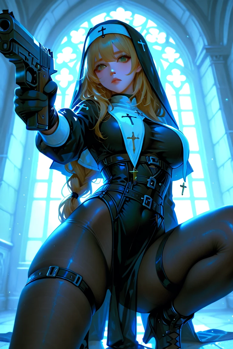 ((32k)), ((best quality)), ((ultra high res)), ((HDR)), ((UHD)), ((extremely detailed CG)), ((unity 32k wallpaper)), 1girl, solo, long hair, looking at viewer, large breasts, simple background, black hair, red eyes, thighhighs, gloves, holding, full body, weapon, purple hair, detached sleeves, pointy ears, black thighhighs, white gloves, armpits, gun, garter straps, handgun, dual wielding, nun, habit,